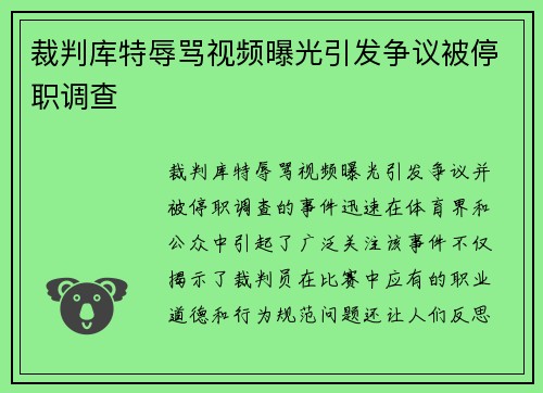 裁判库特辱骂视频曝光引发争议被停职调查 裁判库特辱骂视频曝光引发争议被停职调查