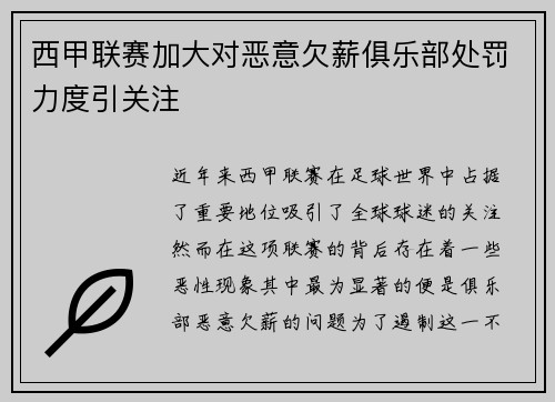 西甲联赛加大对恶意欠薪俱乐部处罚力度引关注 西甲联赛加大对恶意欠薪俱乐部处罚力度引关注